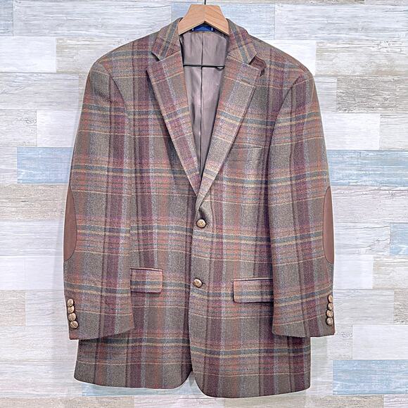 Paul Fredrick Wool Donegal Tweed Sport Coat Brown Plaid Elbow Patches Mens 41R - Picture 1 of 10